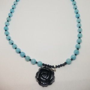 Onyx Flower, Blue Agate & Black Spinel Necklace